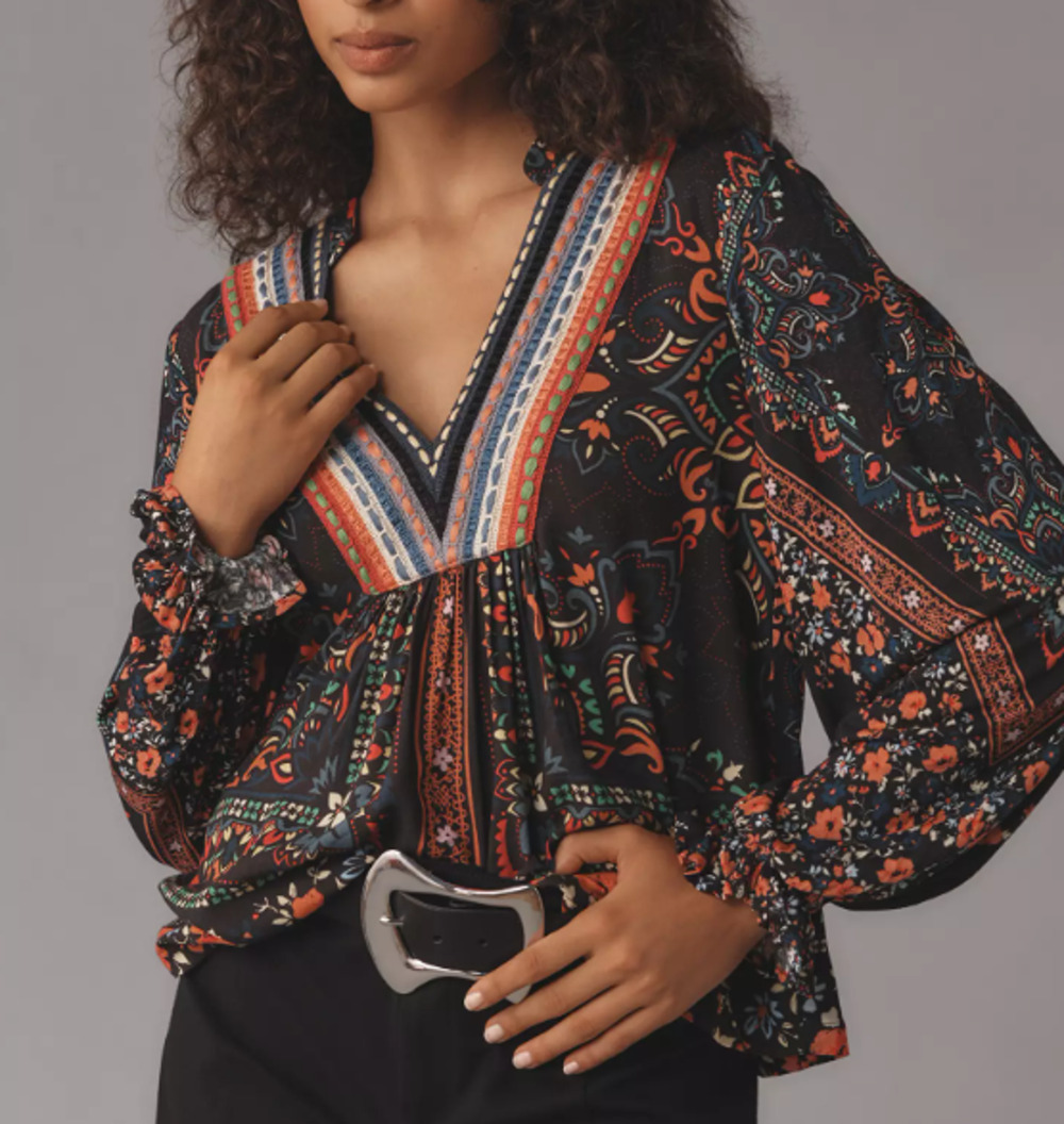 Blank London XS Boho Peasant Top Floral Paisley Embroidered Trim Long Sleeve